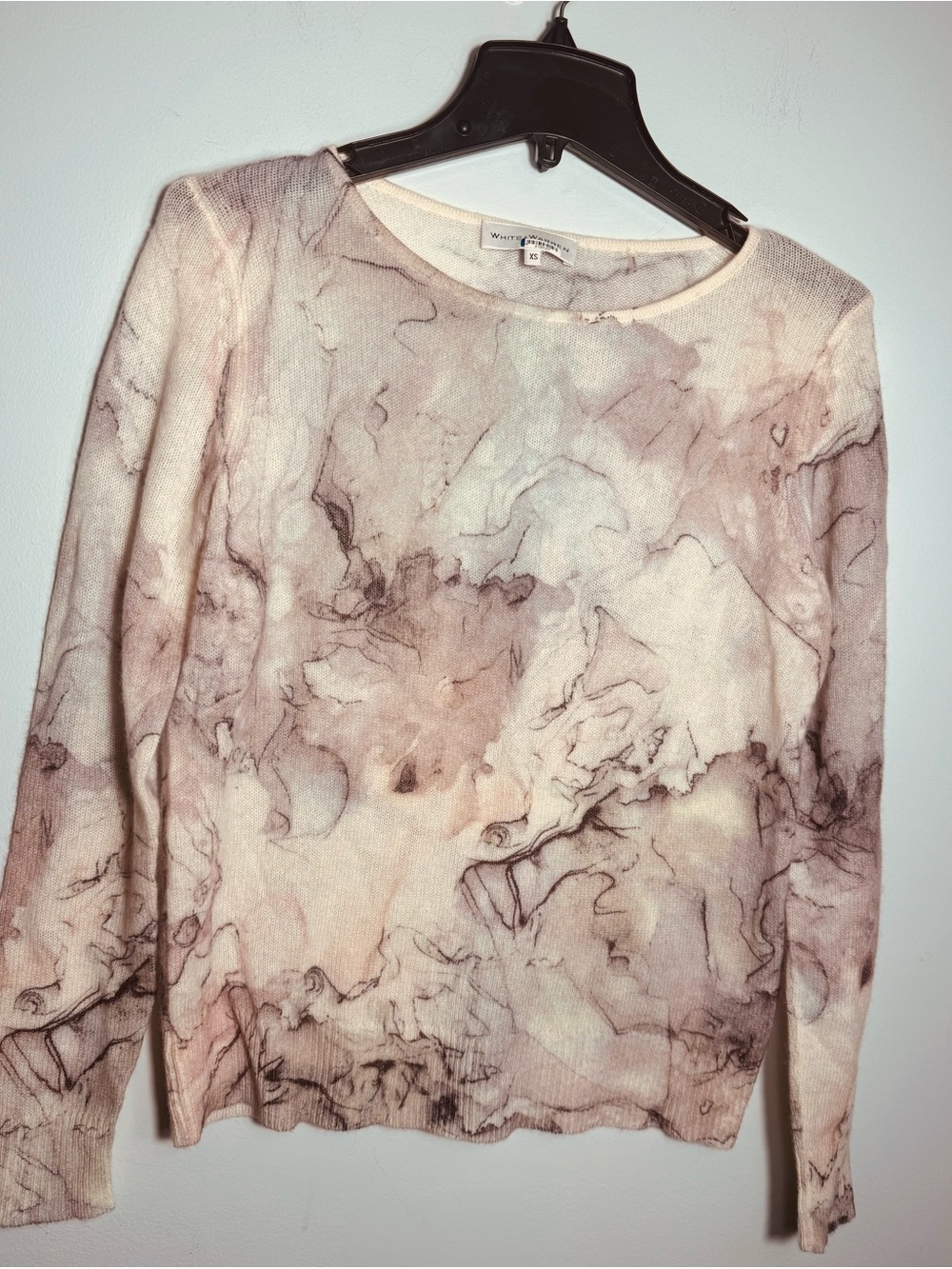 100% Cashmere White + Warren Marble-Print Crewneck Sweater SZ XSmall